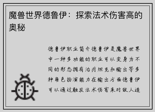 魔兽世界德鲁伊：探索法术伤害高的奥秘